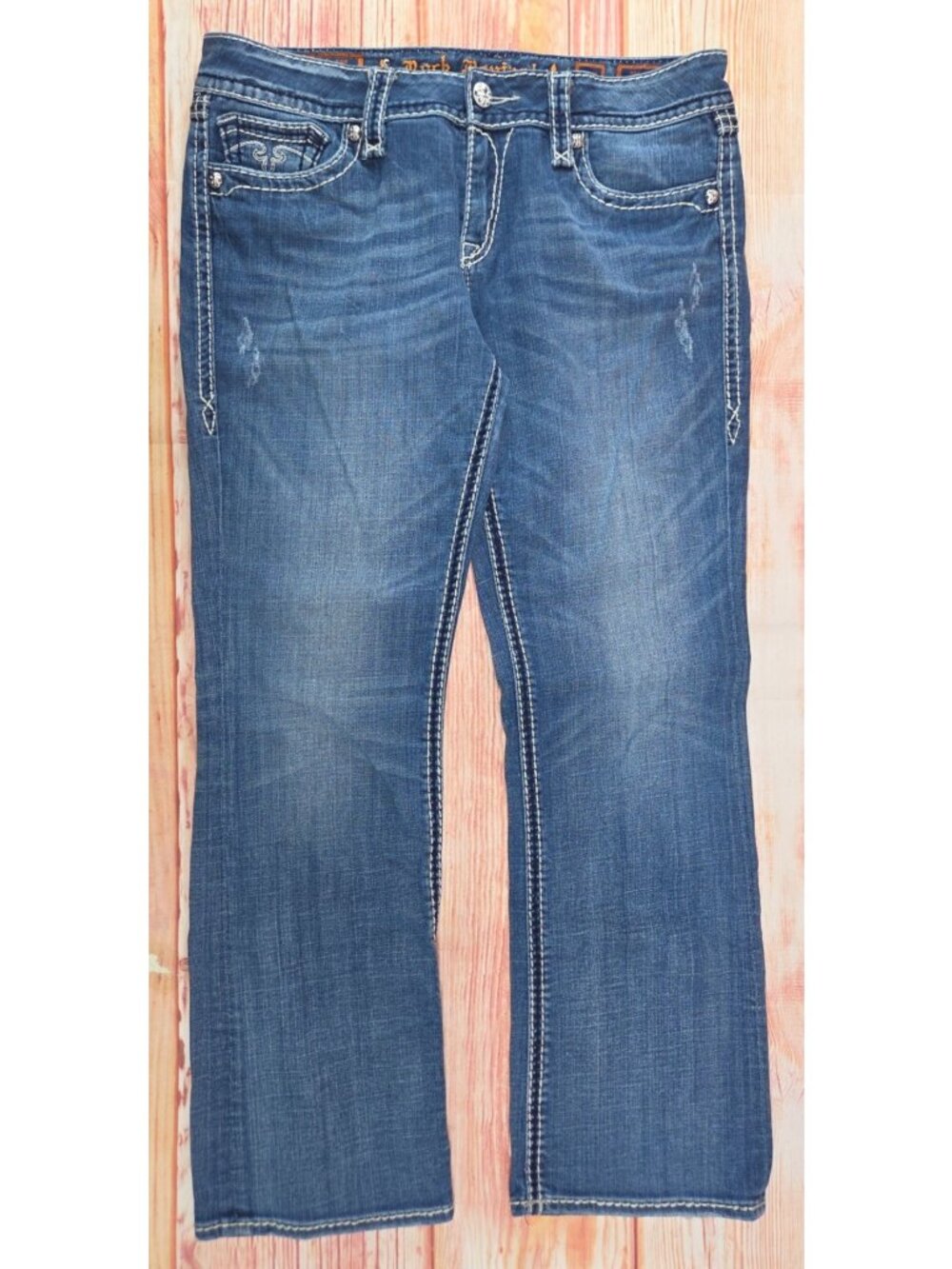 Rock Revival Blake Easy Bootcut Jeans Mens Size 36x32 Blue Distressed Denim